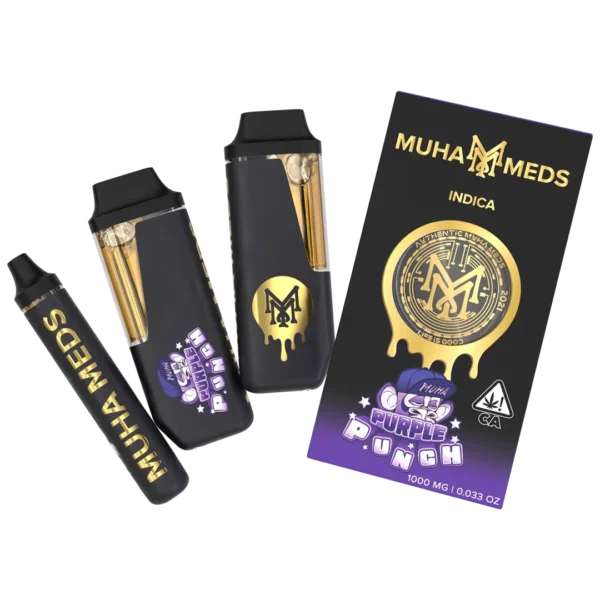 Muha Meds Purple Punch Indica disposable vape 1000mg with black and gold packaging