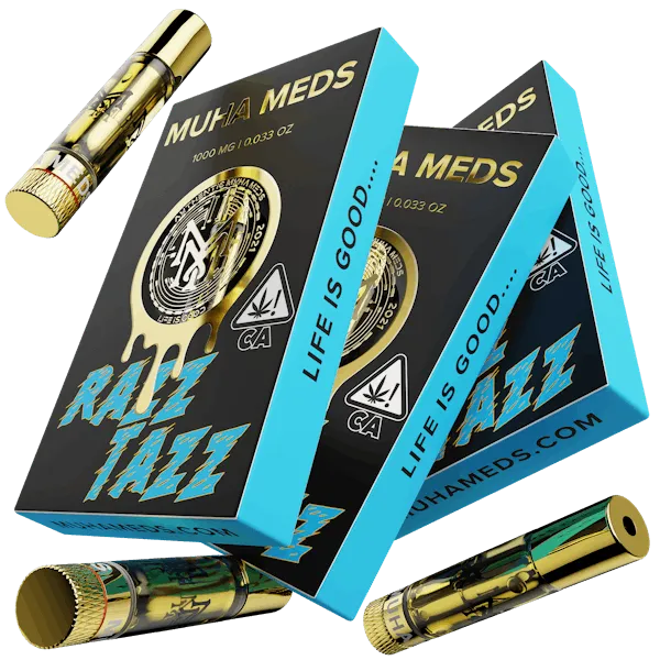 Muha Meds Razz Tazz 1000mg cartridge with black-and-blue branded packaging and gold vape cartridges.