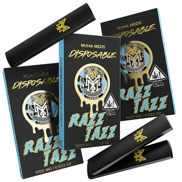 Muha Meds Razz Tazz disposable vape 1000mg with black blue packaging and black devices