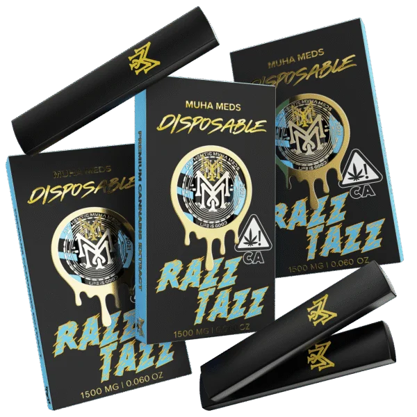 Muha Meds Razz Tazz 1500mg disposable vape with black-and-blue branded packaging and black disposable devices.