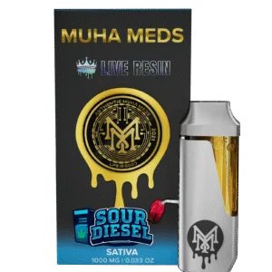 Muha Meds Sour Diesel Live Resin Sativa disposable vape 1000mg with white device and black blue packaging