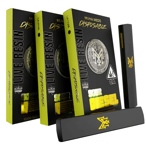 Muha Meds Sour Diesel Live Resin Sativa disposable vape 1000mg with black yellow packaging and black device