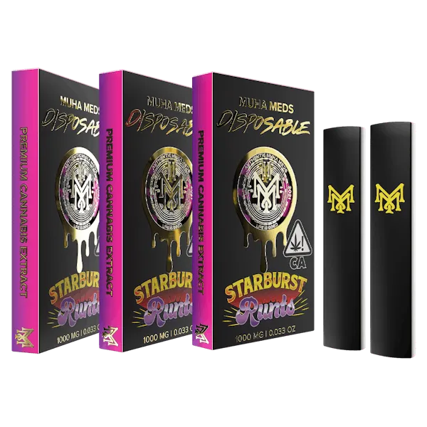 Muha Meds Starburst Runtz disposable vape 1000mg with black pink packaging and black devices