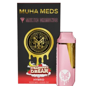 Muha Meds Strawberry Dream Melted Diamonds Hybrid disposable vape 1000mg with pink device and black red packaging