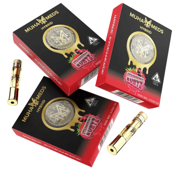 Muha Meds Strawberry Runtz Hybrid 1000MG distillate vape cartridges with gold-finish hardware and black-and-red branded retail packaging.