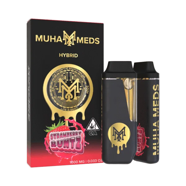 Muha Meds Strawberry Runtz Hybrid 1000mg disposable vape with black-and-red branded packaging and black-and-gold vape devices.