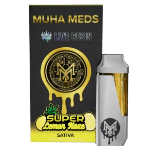 Muha Meds Super Lemon Haze Live Resin Sativa disposable vape 1000mg with white device and black yellow packaging