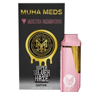 Muha Meds Super Silver Haze Melted Diamonds disposable vape 1000mg with pink device and black packaging