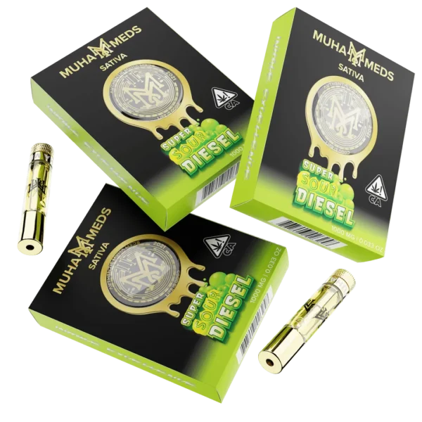 Muha Meds Super Sour Diesel Sativa 1000MG vape cartridges with black and lime-green branded retail packaging.