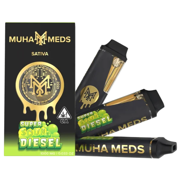 Muha Meds Super Sour Diesel Sativa 1000mg disposable vape with black-and-lime green branded packaging and black-and-gold vape devices.