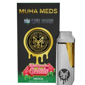 Muha Meds Watermelon Gelato Live Resin Indica disposable vape 1000mg with white device and black green packaging