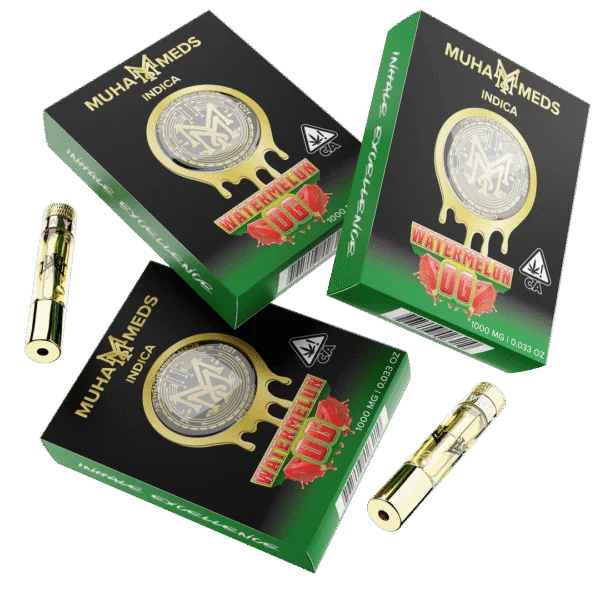 Muha Meds Watermelon OG Indica 1000MG distillate vape cartridges with gold-finish hardware and black-and-green branded retail packaging.