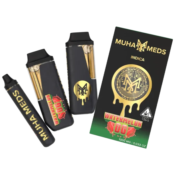Muha Meds Watermelon OG Indica 1000mg disposable vape with black-and-green branded packaging and black-and-gold vape devices.