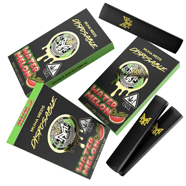 Muha Meds Watermelon Skittlez disposable vape 1000mg with black green packaging and black devices