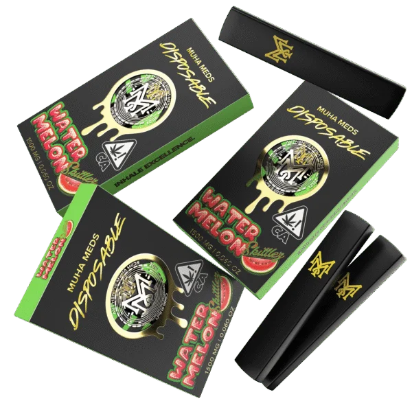 Muha Meds Watermelon Skittlez 1500mg disposable vape with black-and-green branded packaging and black disposable devices.