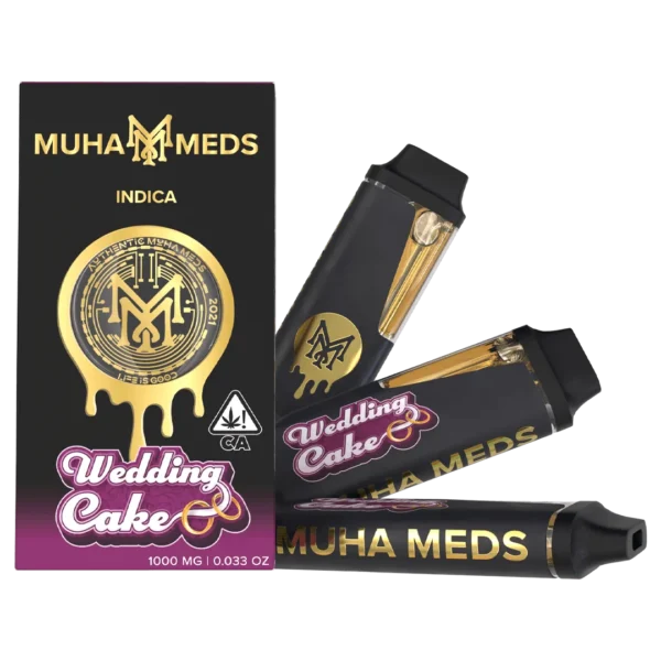 Muha Meds Wedding Cake Indica 1000mg disposable vape with black-and-purple branded packaging and black vape devices.