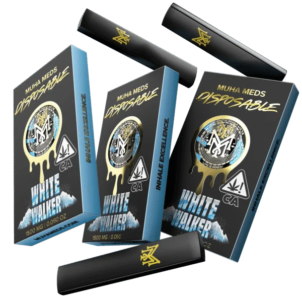 Muha Meds White Walker disposable vape 1500mg with black blue and gold packaging