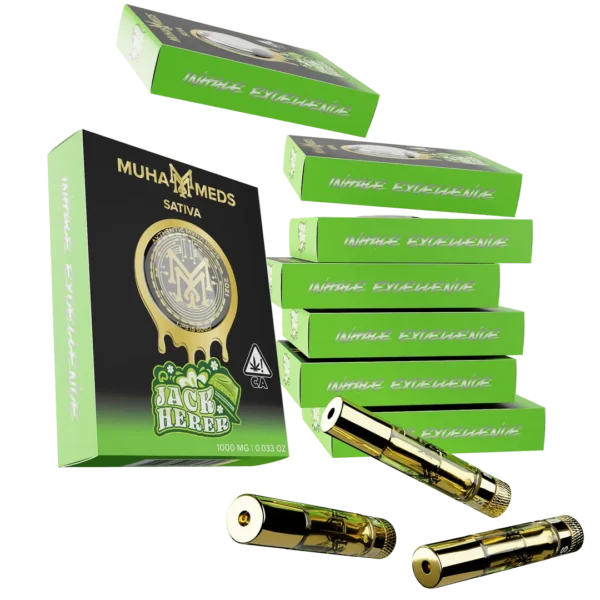 Muhammeds Jack Herer Sativa 1g distillate cartridge with green product boxes and gold vape cartridges.
